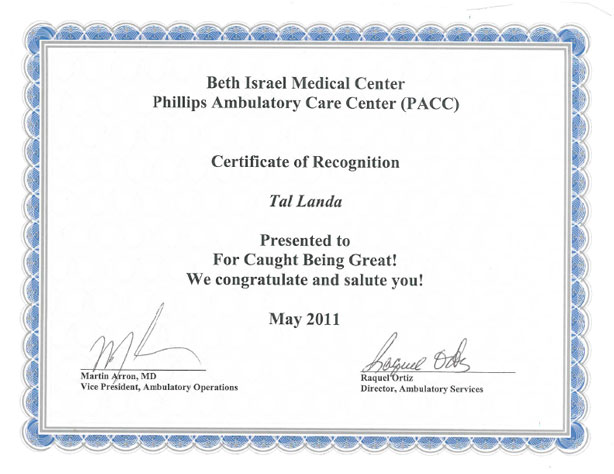 Certificate of Recognition – PACC Beth Israel Medical Center